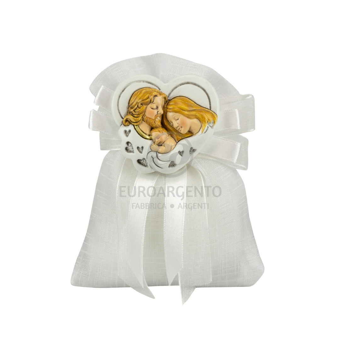 Sacchettino porta confetti con magnete con cuore e sacra famiglia (bianco)