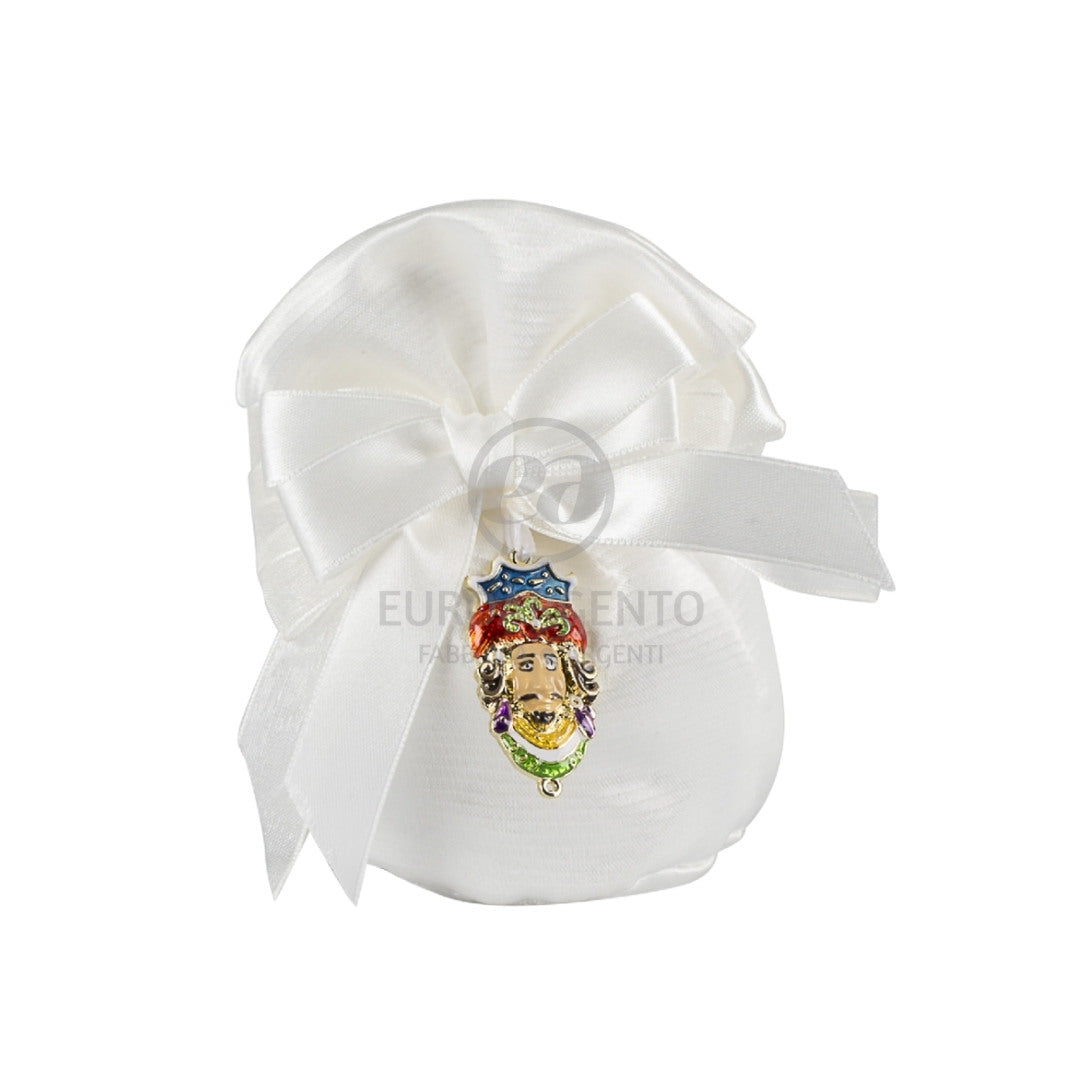 Sacchettino pochette porta confetti con charm testa di moro Re (bianco)