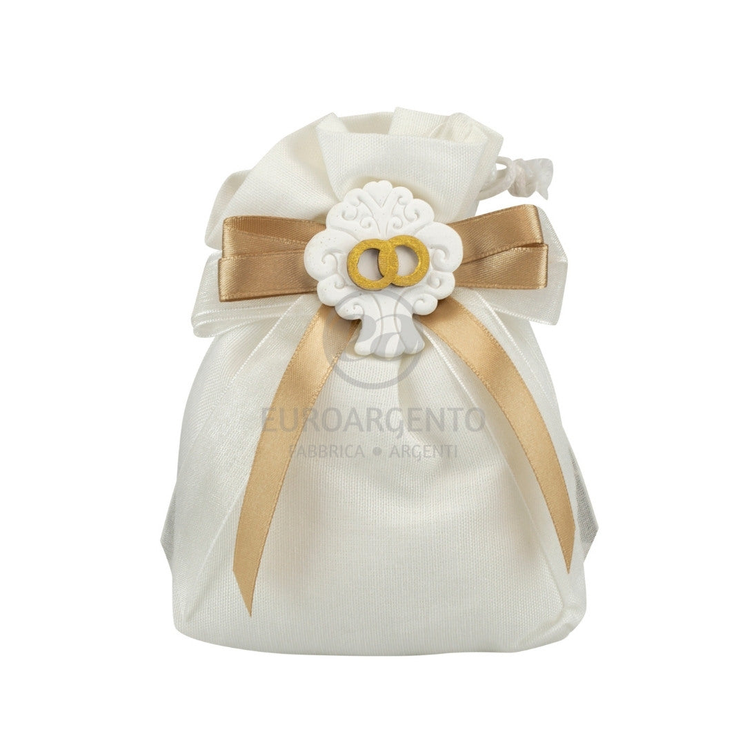 Sacchettino porta confetti con albero della vita e fedi (bianco)