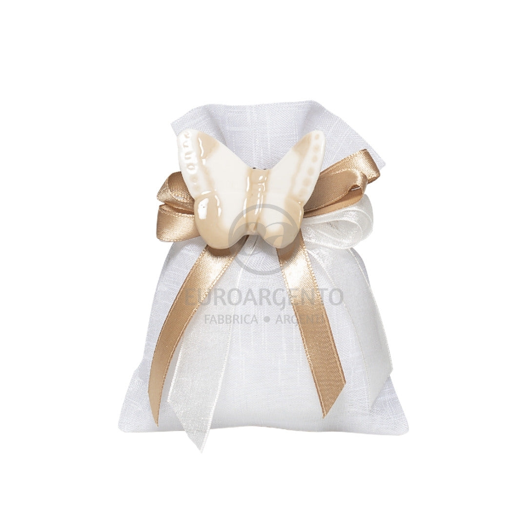 Sacchettino porta confetti con spilla farfalla (bianco)