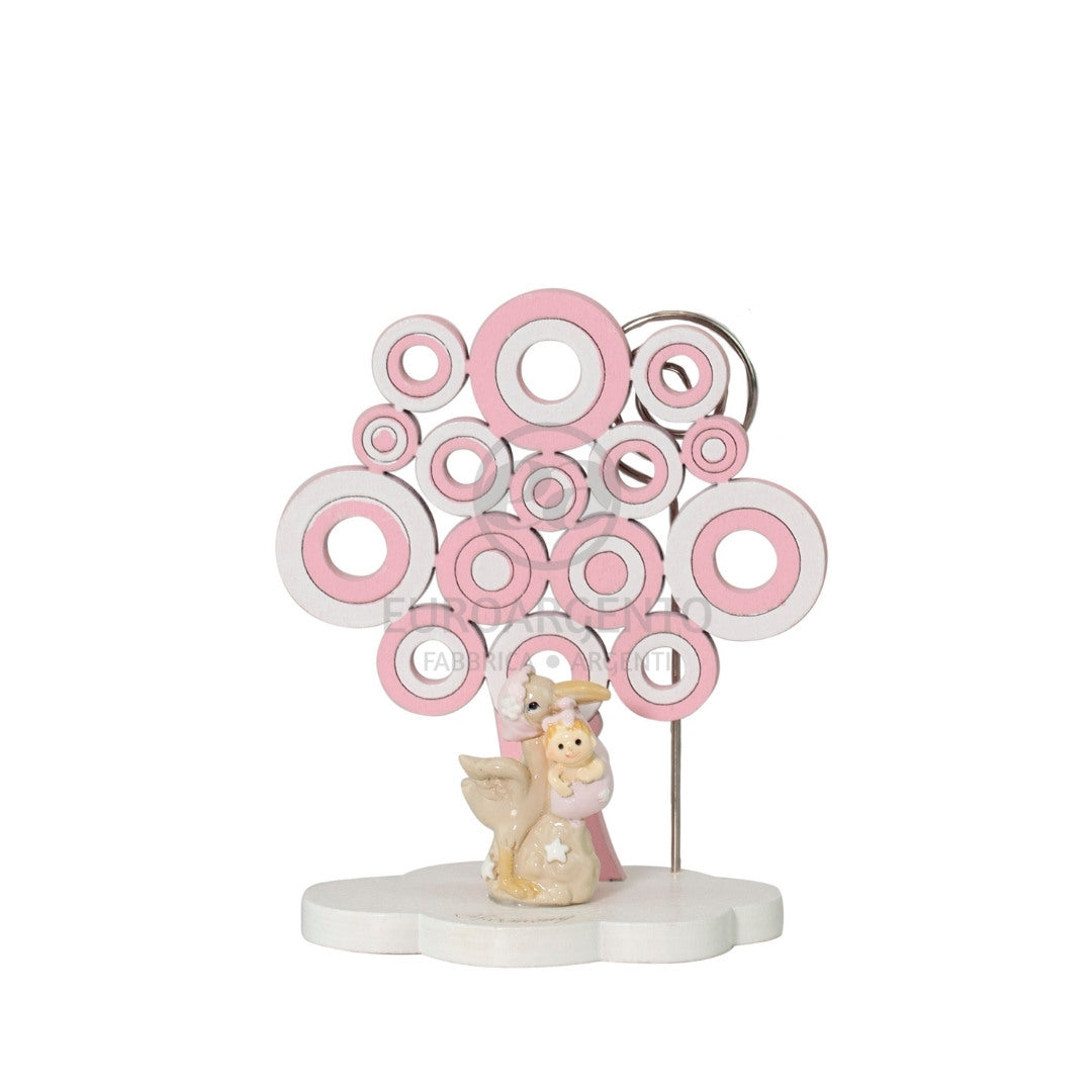 Segna posto o porta foto con albero della vita e cicogna (rosa) c/fazz
