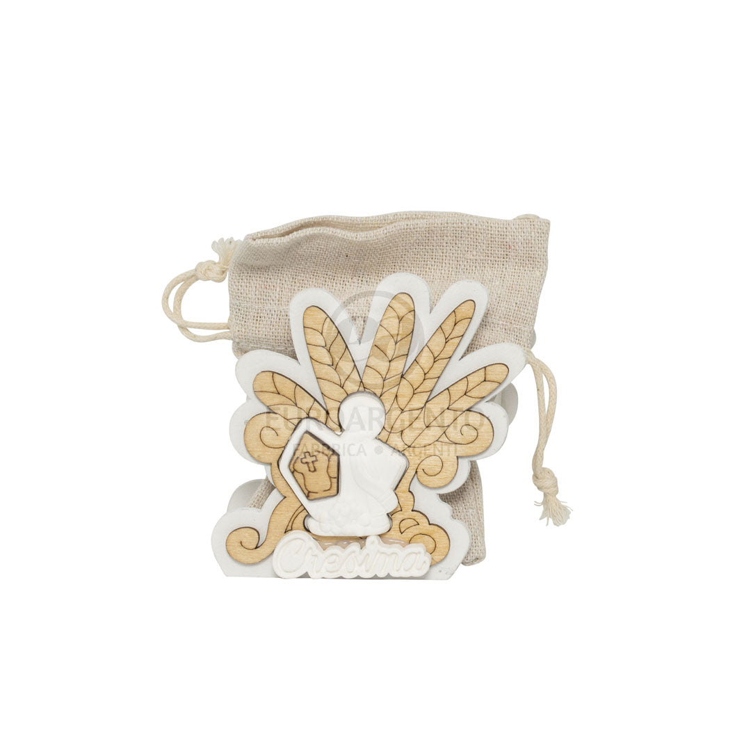 Porta confetti in legno con sacchetto con gessetto simbolo cresima