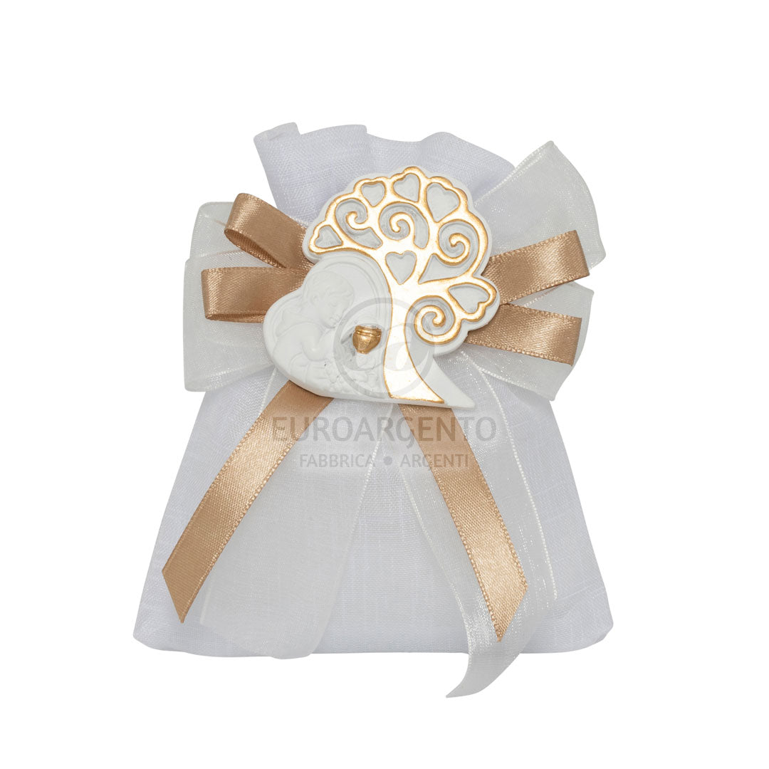 Magnete con albero della vita cuore bimbo comunione con sacchettino (bianco/oro)