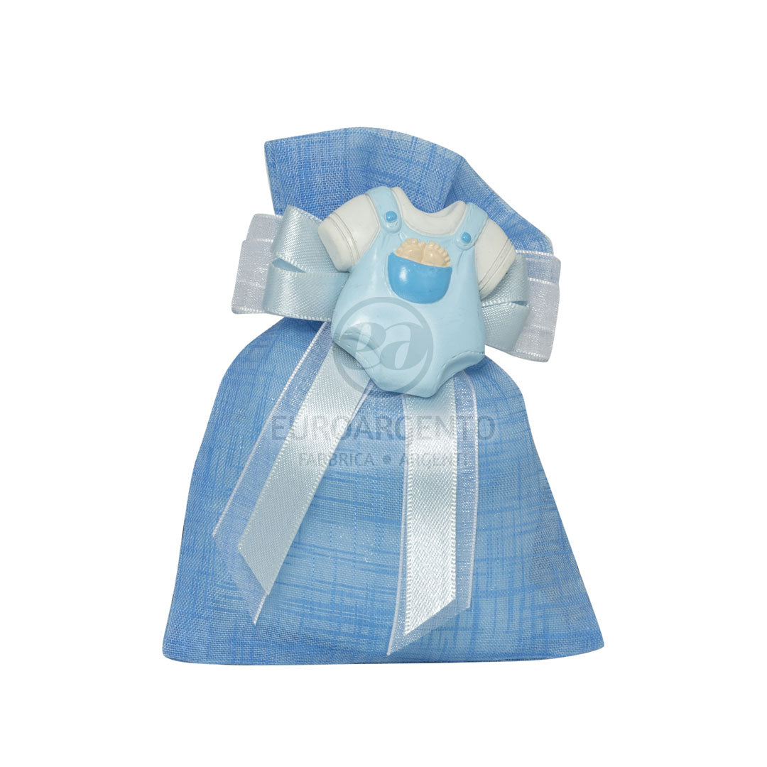 Magnete carillon, biberon e vestitino con sacchettino porta confetti (bianco/celeste)