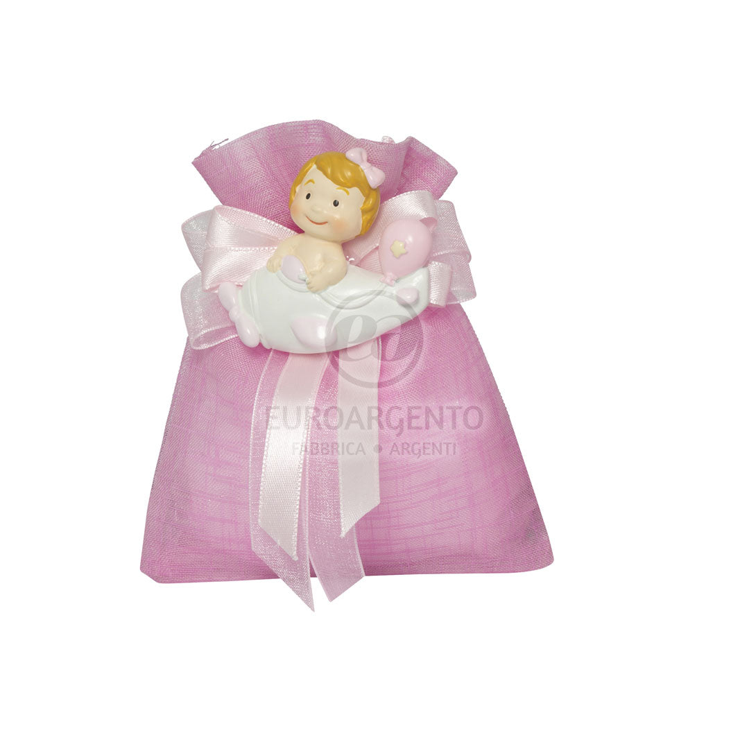 Magnete bimba con automezzi con sacchettino porta confetti (rosa)