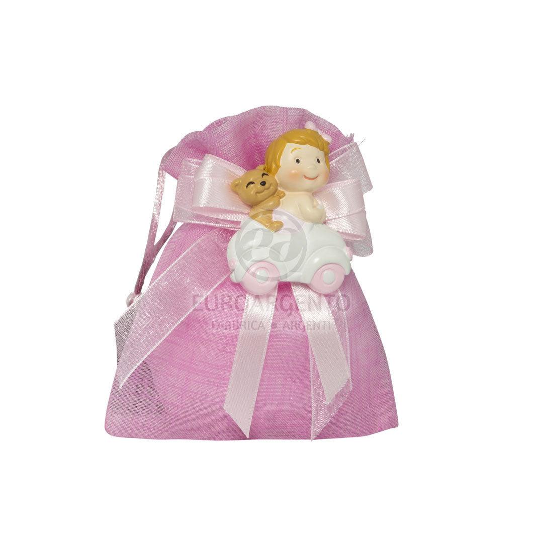 Magnete bimba con automezzi con sacchettino porta confetti (rosa)