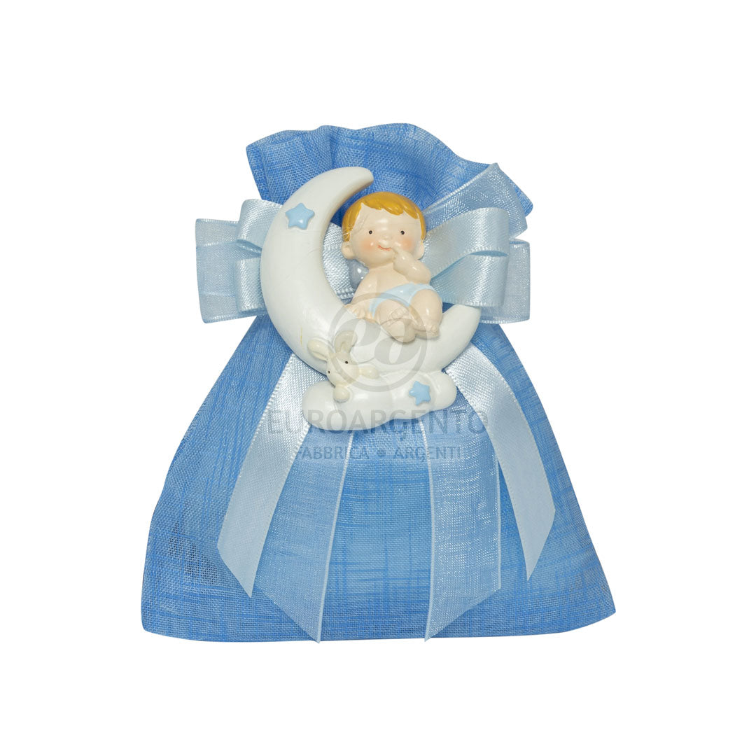 Magnete bimbo su luna con Sacchettino porta confetti (bianco/celeste)