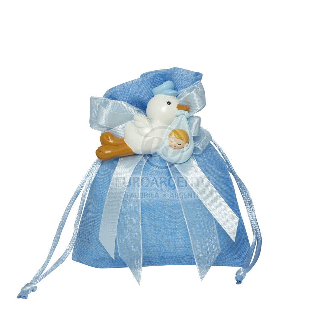 Magnete cicogna con bimbo con sacchettino porta confetti (bianco/celeste)