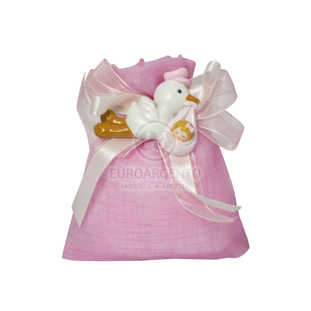 Magnete cicogna con bimba con sacchettino porta confetti (bianco/rosa)