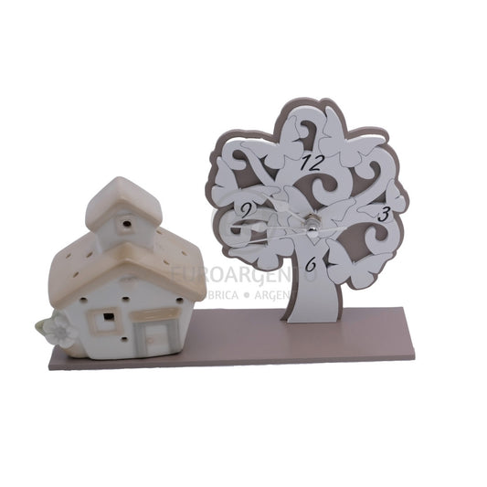 Bomboniera con orologio albero della vita in legno e con casetta in ceramica con led.