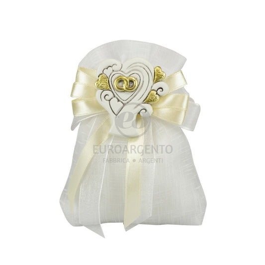 Sacchettino porta confetti con magnete con cuore e fedi (bianco)
