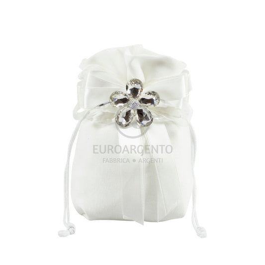 Sacchettino porta confetti con spilla fiore (bianco)