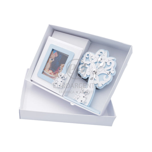 Orologio albero della vita e portafoto con orsetto (azzurro)
