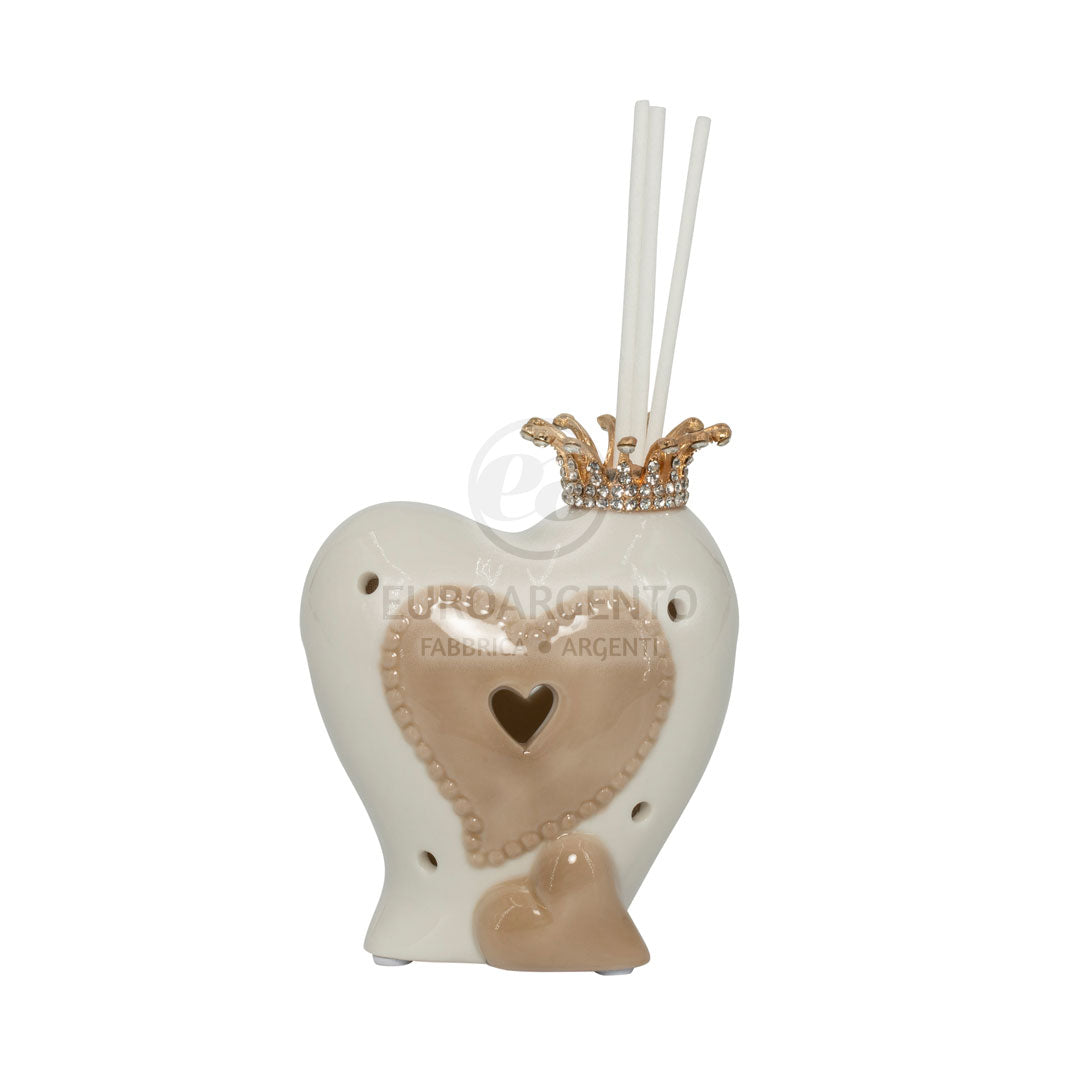 Profumatore cuore con corona e con led (bianco/tortora)