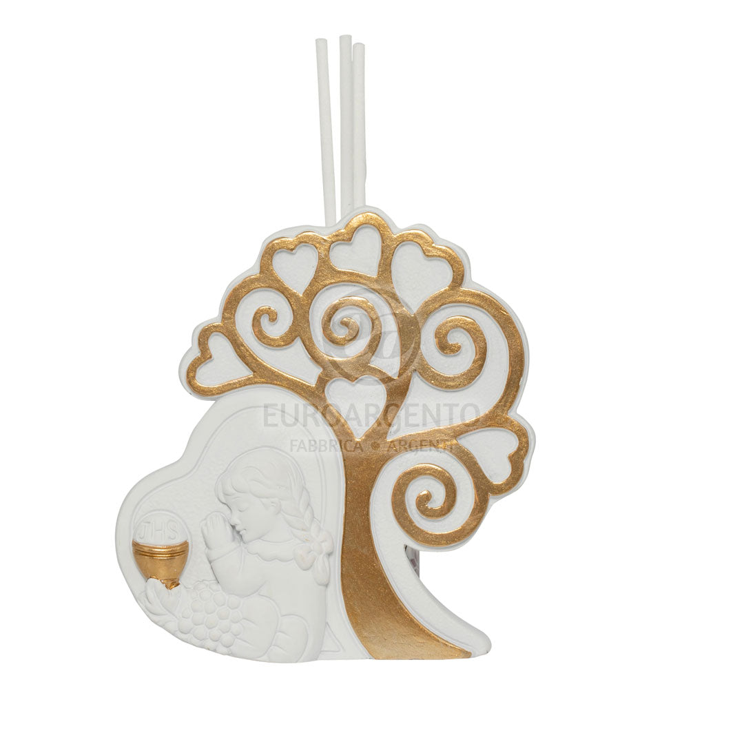 Profumatore con albero della vita cuore bimba comunione con sacchettino e scatola  (bianco/oro)