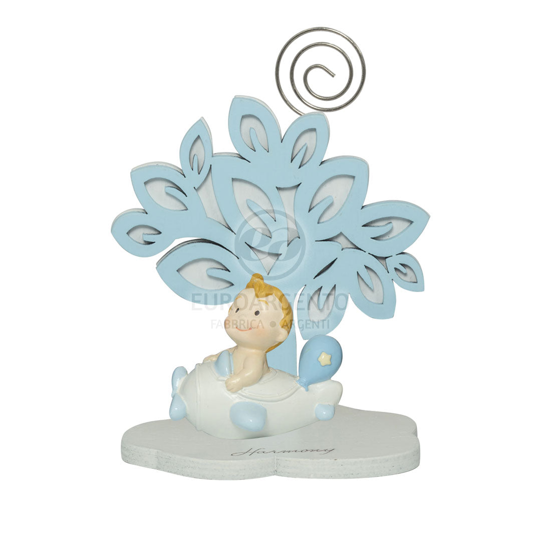 Albero della vita con bimbo con automezzi e clip (celeste)