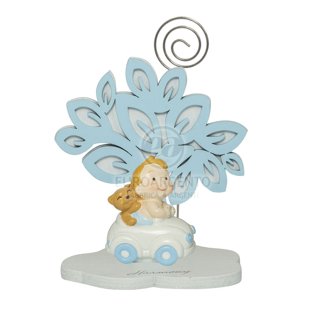 Albero della vita con bimbo con automezzi e clip (celeste)