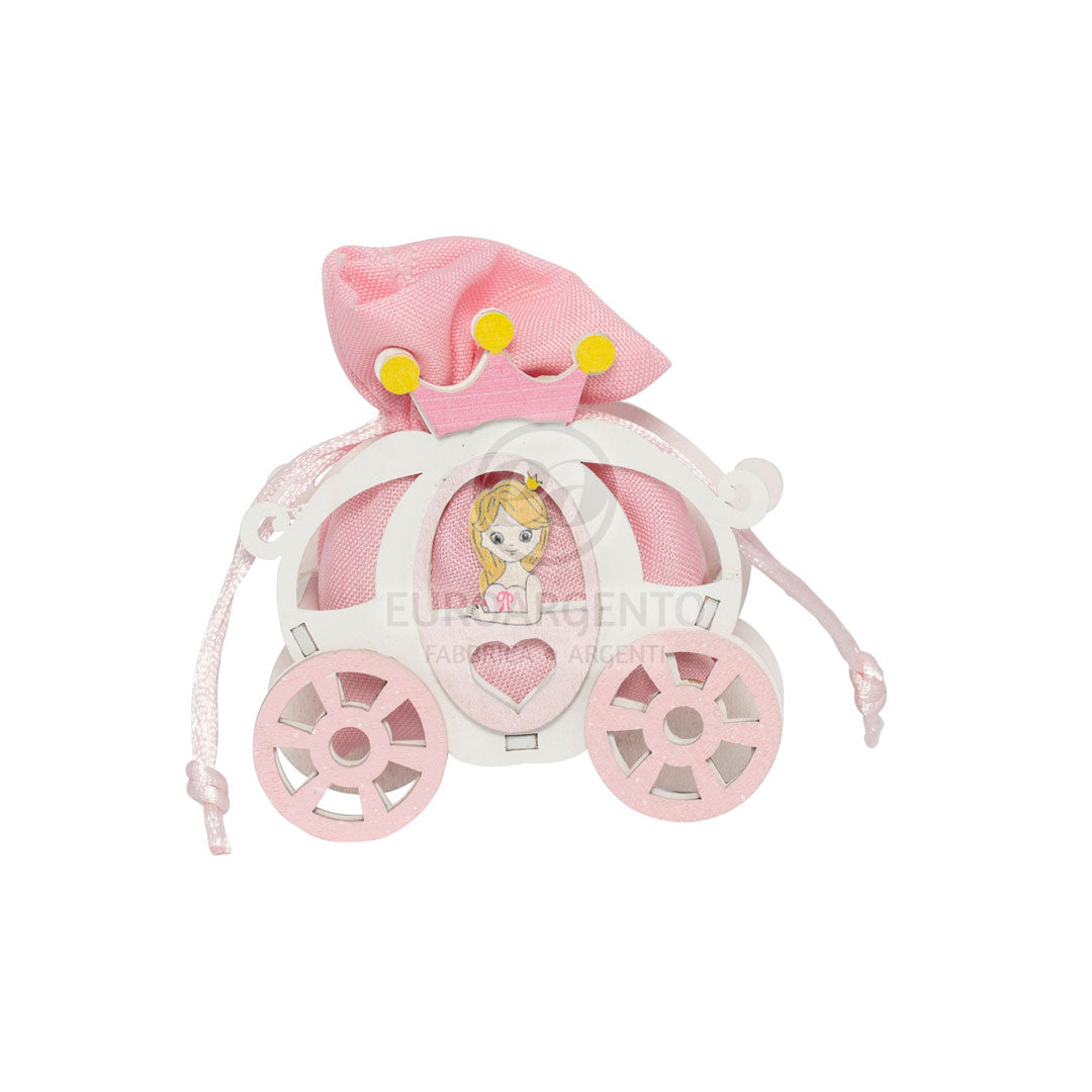 Scatolina porta confetti legno carrozza con principessa (rosa)