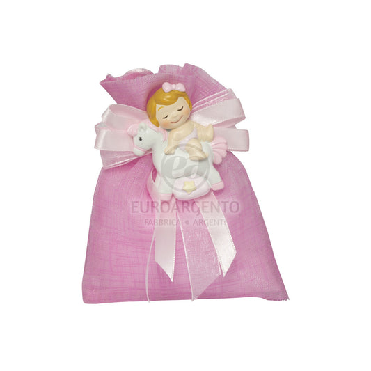 Magnete bimba con automezzi con sacchettino porta confetti (rosa)