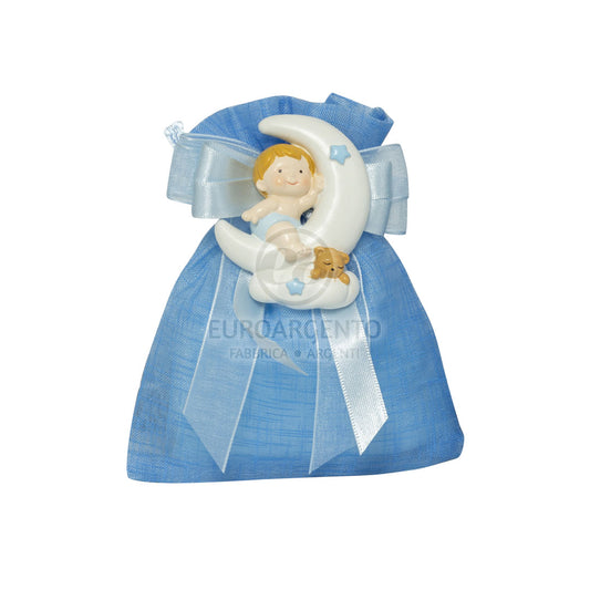 Magnete bimbo su luna con Sacchettino porta confetti (bianco/celeste)
