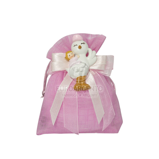 Magnete cicogna con bimba con sacchettino porta confetti (bianco/rosa)